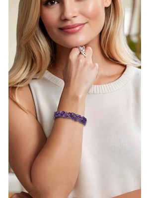 Pozitif Doğal Taş Çift Sıralı Ametist Doğal Taş Bileklik, Makrome Ayarlı 311-5