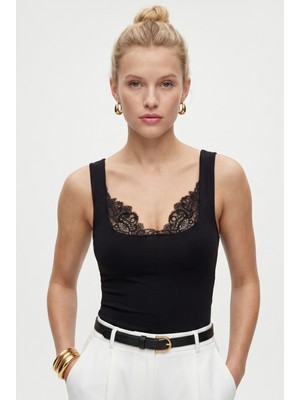 Ritnice Kadın Jeny Modal Touch U Yaka Dantel Detaylı Kolsuz Örme Siyah Bluz