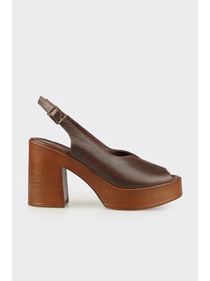 Elle Kahve Deri Kadın Yüksek Topuklu Sandalet