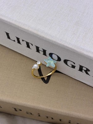 Hedef Bijuteri Gold Renk Mat Buzlu Mavi Yıldızlı,inci Detaylı Zirkon Taşlı Ayarlanabilir Minimal Pirinç Yüzük