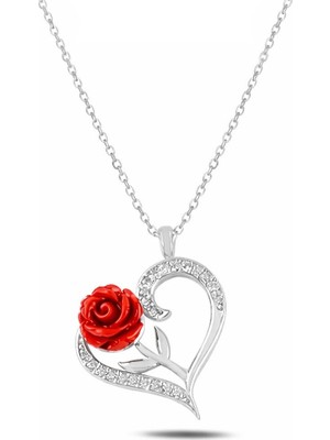 Brezza Lusso Jewelry 925 Ayar Gümüş Kırmızı Gül Kalp Gümüş Kolye