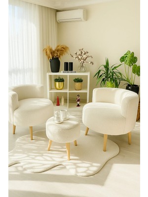 Dekor Mobilyacım Elegant Comfort Çay Seti ve Peluş Ikili Berjer & Puf Takımı - 3'lü Set