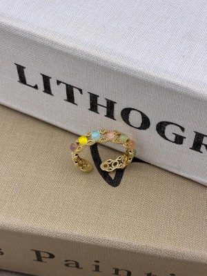 Hedef Bijuteri Gold Renk Karışık Renkli Yuvarlak Taş Detaylı Ayarlanabilir Vintage Pirinç Yüzük