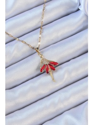Youday Accessories 316L Çelik Zincir Altın Renk Kırmızı Etekli Zirkon Taşlı Balerin Kolye