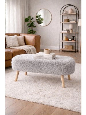 Dekor Mobilyacım Paris Retro Ahşap Ayaklı Geniş Oturum Alanlı Oval Bench Puf Gri