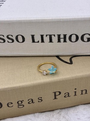 Hedef Bijuteri Gold Renk Yıldız Zirkon Taşlı & Mavi Yıldız Detaylı Ayarlanabilir Minimal Pirinç Yüzük