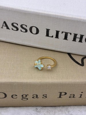 Hedef Bijuteri Gold Renk Mavi Yıldız Model ve Tek Taş Detaylı Ayarlanabilir Minimal Pirinç Yüzük