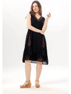 Eliş Şile Bezi Kolsuz Begüm V Yaka Yazlık Nakışlı Otantik Vual Kısa Elbise Siyah Syh