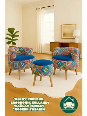 Dekor Mobilyacım Netherland Lacivert Çay Seti Ikili Koltuk Berjer ve Puf Takımı