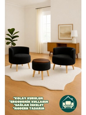 Dekor Mobilyacım Helkard Comfort Çay Seti ve Peluş Ikili Berjer & Üstü Tablalı Puf Takımı - 3'lü Set