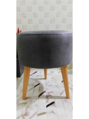 Dekor Mobilyacım Yüksek Ayaklı Gri Dekoratif Puf Ahşap Ayak Makyaj Masası Altı Puf