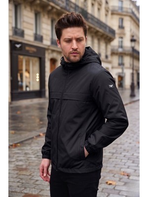 Level High Erkek Kapüşonlu Siyah Ince Rüzgarlık Yağmurluk Fermuarlı Ceket