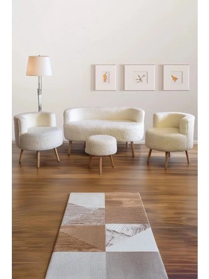 Dekor Mobilyacım Paris Retro Ahşap Ayaklı Geniş Oturum Alanlı Oval Bench Puf Beyaz Teddy