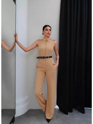 Caramel Sıfır Kol Kemerli Tulum