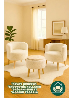 Dekor Mobilyacım Helkard Comfort Çay Seti ve Peluş Ikili Berjer & Üstü Tablalı Puf Takımı - 3'lü Set