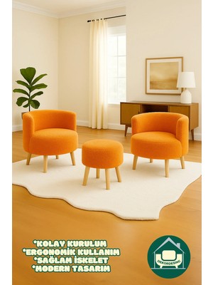 Dekor Mobilyacım Elegant Comfort Turuncu Çay Seti ve Peluş Ikili Berjer & Puf Takımı - 3'lü Set