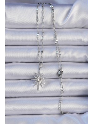 Youday Accessories 316L Çelik Zincir Gümüş Renk Zirkon Taşlı Kutup Yıldızı Kolye
