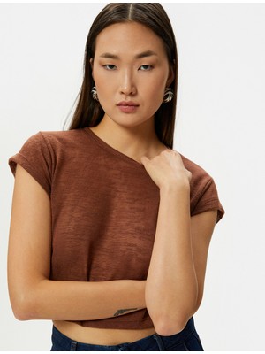 Koton Kısa Kollu Slim Fit Bisiklet Yaka Yarı Transparan Crop Tişört