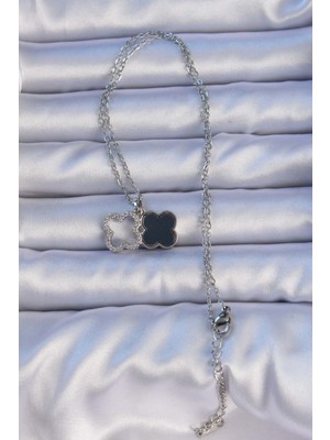 Youday Accessories 316L Çelik Gümüş Renk Siyah Mineli Zirkon Taşlı Yonca Figürlü Kolye