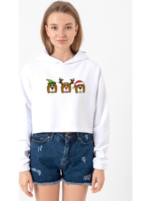 Tshirthane 3 Wise Beagles Christmas Beyaz Optik Kadın Crop Kapşonlu