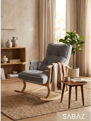 Sabaz Home Iki Cepli Sallanan Sandalye, Gri Minderli Ahşap Sallanır Koltuk, Rahat Okuma ve Dinlenme Sandalyesi