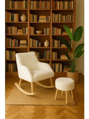 Dekor Mobilyacım Readiniko Sallanan Sandalye ve Açık Krem Puf Tv Koltuğu Emzirme Koltuğu Okuma Koltuğu