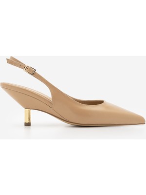 Marjin Kadın Stiletto Sivri Burun Arkası Açık Altın Metal Ökçe Klasik Topuklu Ayakkabı Rente Bej