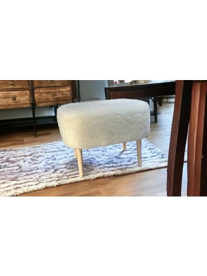 Dekor Mobilyacım Gürgen Ahşap Kırık Beyaz Pofidik Teddy Oval Puf