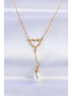 Youday Accessories 316L Çelik Zincir Gold Renk Inci Taş Detay Kalp Kolye
