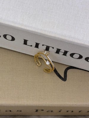 Hedef Bijuteri Gold Renk Çift Sıralı , Zirkon Taşlı Kelebek Detaylı Ayarlanabilir Minimal Pirinç Yüzük