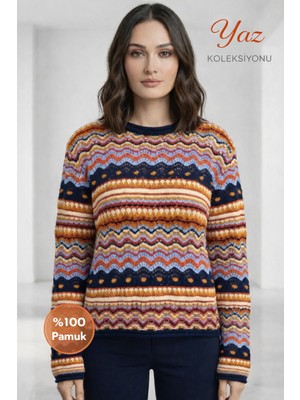 Wearified Kadın Triko Yazlık Kazak %100 Pamuk Premium Çok Renkli Etnik Desenli Ajurlu Ponponlu Mevsimlik Kazak