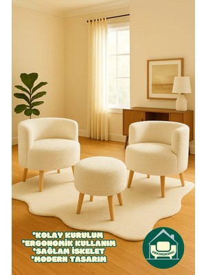 Dekor Mobilyacım Elegant Comfort Çay Seti ve Peluş Ikili Berjer & Puf Takımı - 3'lü Set