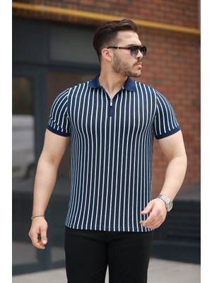 Lunelis Erkek Çizgili Fermuar Yakalı Kısa Kollu Tişört