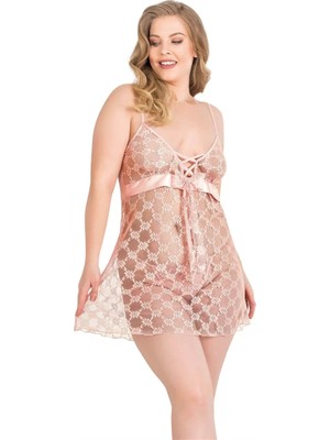 Ulugo Büyük Beden Somon Kısa Tül Gecelik