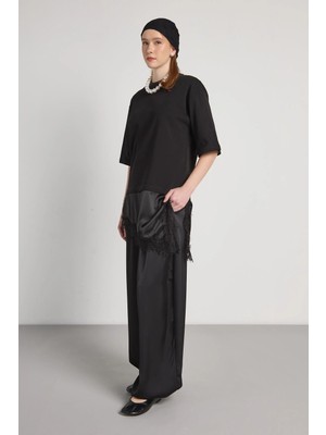 Minaaise Dantelli Kombine T-Shirt Siyah