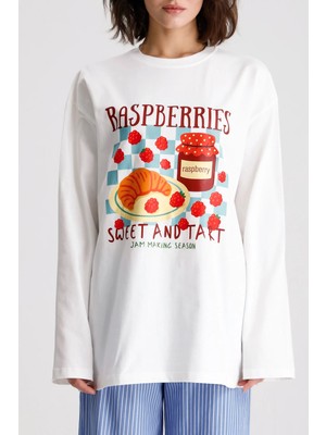 Minaaise Baskılı Uzun Oversize T-shirt Ekru