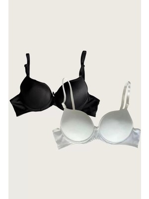 Ulugo Siyah-Beyaz 2'li Mikro Kumaş Push Up Dolgulu Balenli Günlük Destekli Sütyen