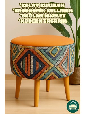 Dekor Mobilyacım Albatros Retro Gürgen Ahşap Ayaklı Dekoratif Etnik Üst Turuncu Desenli Silindir Puf Bench Koltuk