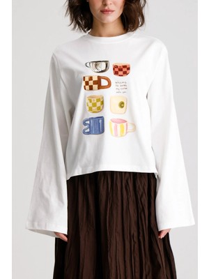 Minaaise Oversize Baskılı T-shirt Ekru