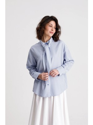 Minaaise Bağlamalı Çizgili Gömlek Mavi