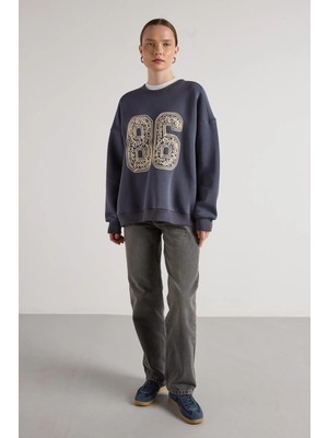 Minaaise Nakışlı 3 Iplik Şardonlu Sweatshirt Füme
