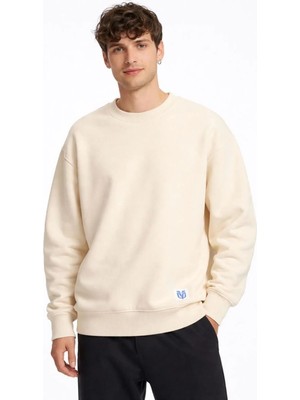 Ventoze Erkek Krem Basic Oversize Sweatshirt | 3 Iplik Şardonlu %100 Pamuklu Kalın Kışlık