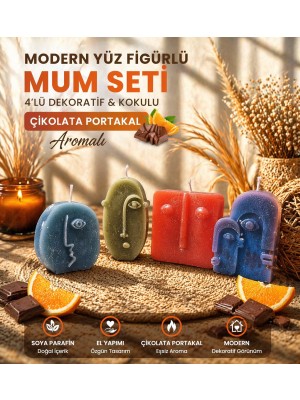 En Art Modern Yüz Figürlü Kokulu Mum Seti – Çikolata Portakal Aromalı El Yapımı Soya Parafin Dekoratif Mum (4’lü Set)