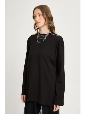 Minaaise Geniş Kol Oversize Basic T-shirt Siyah 30058