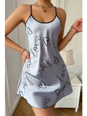 Ulugo Love Baskılı Gri Saten Gecelik