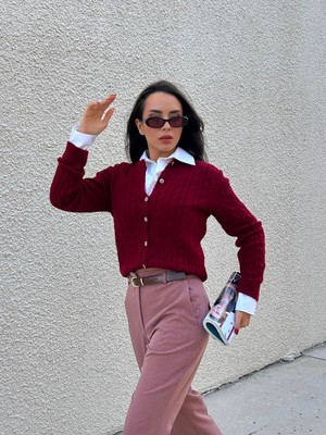 Minaaise Düğmeli Kısa Hırka Bordo