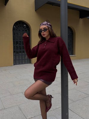 Minaaise Polo Yaka Triko Kazak Bordo