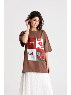 Minaaise Oversize Baskılı T-shirt Kahverengi