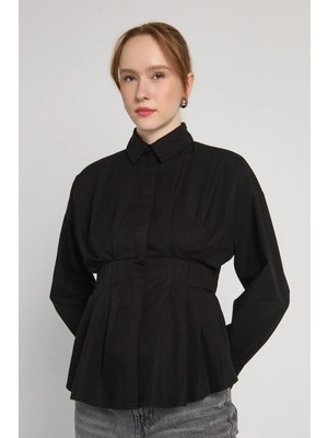 Minaaise Pileli Poplin Gömlek Siyah