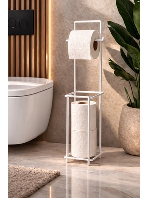 Ventoze Modern Standlı Yedek Hazneli Tuvalet Kağıtlığı | Şık Banyo Düzenleyici Organizer Paslanmaz Metal Beyaz Tek Ebat Metal
